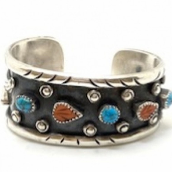 .925 Navajo Turquoise & Red Coral Sterling Silver